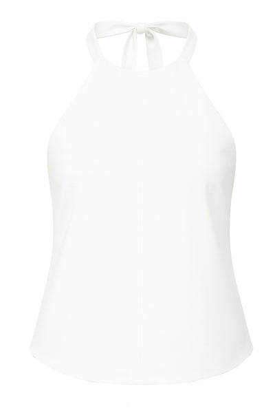 Blusa de fit fluido, cuello halter con nudo amarrable posterior, escote en espalda y cierre posterior con trabilla ajustable.