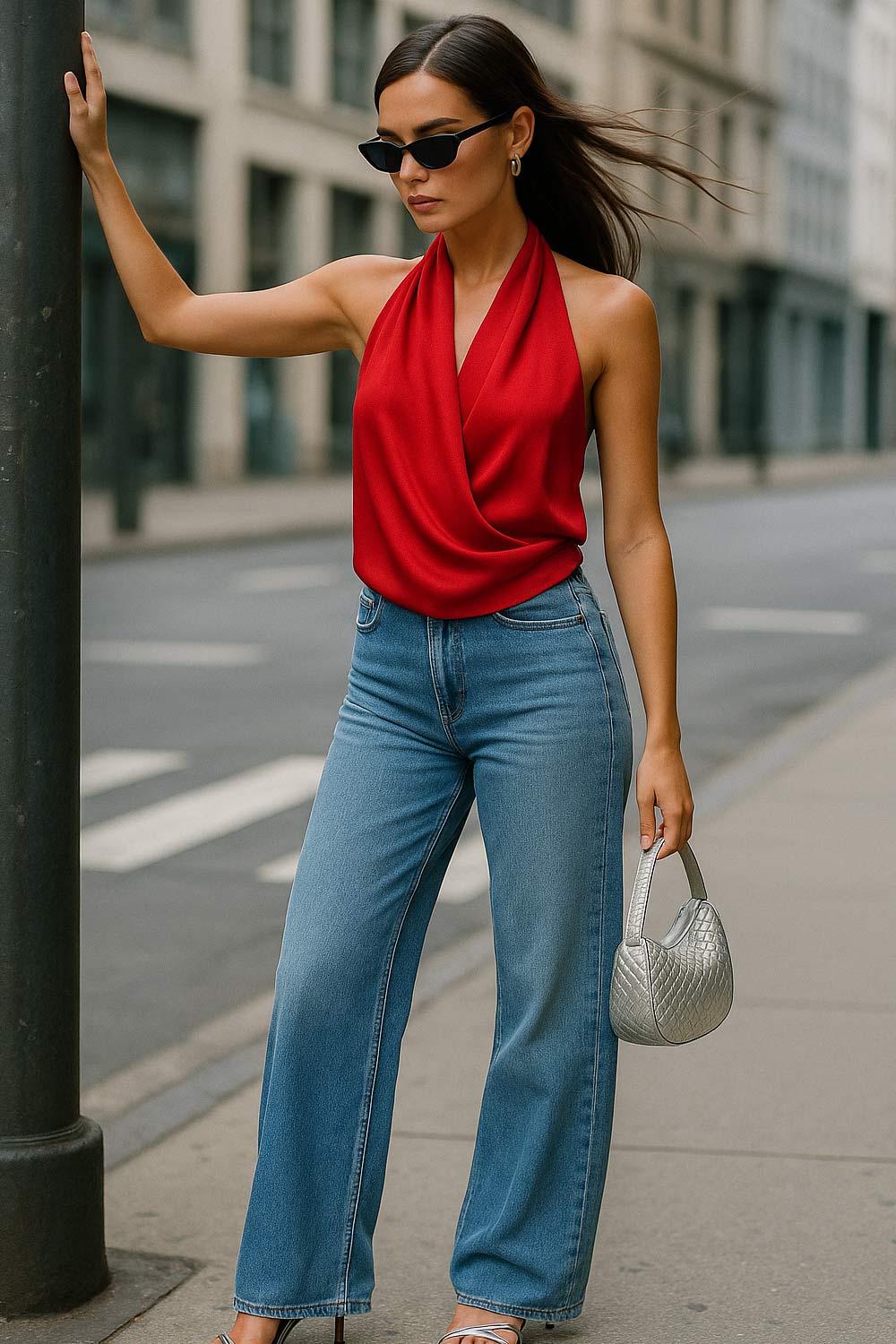 Blusa fluida corta de cuello halter, escote v cruzado con plisados frontales, escote en espalda y lazo amarrable posterior.