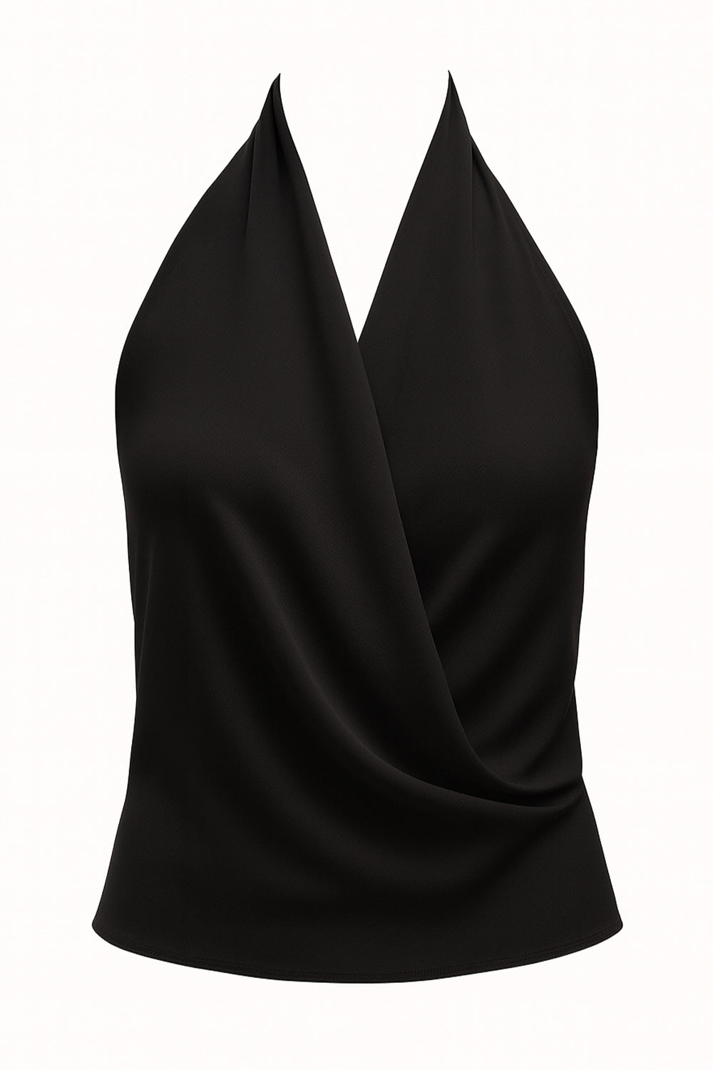 Blusa fluida corta de cuello halter, escote v cruzado con plisados frontales, escote en espalda y lazo amarrable posterior.