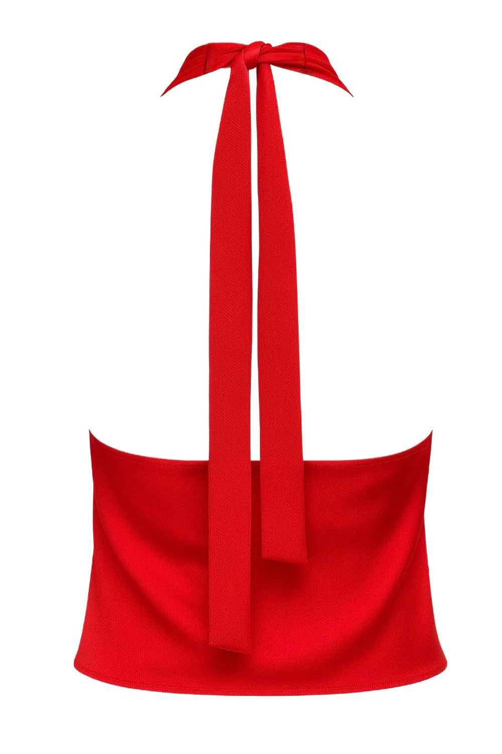 Blusa fluida corta de cuello halter, escote v cruzado con plisados frontales, escote en espalda y lazo amarrable posterior.