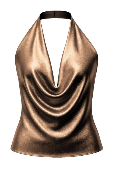 Blusa satinada corta de cuello halter, escote fluido frontal y en espalda.