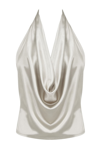 Blusa satinada corta de cuello halter, escote fluido frontal y en espalda.