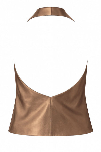 Blusa satinada corta de cuello halter, escote fluido frontal y en espalda.