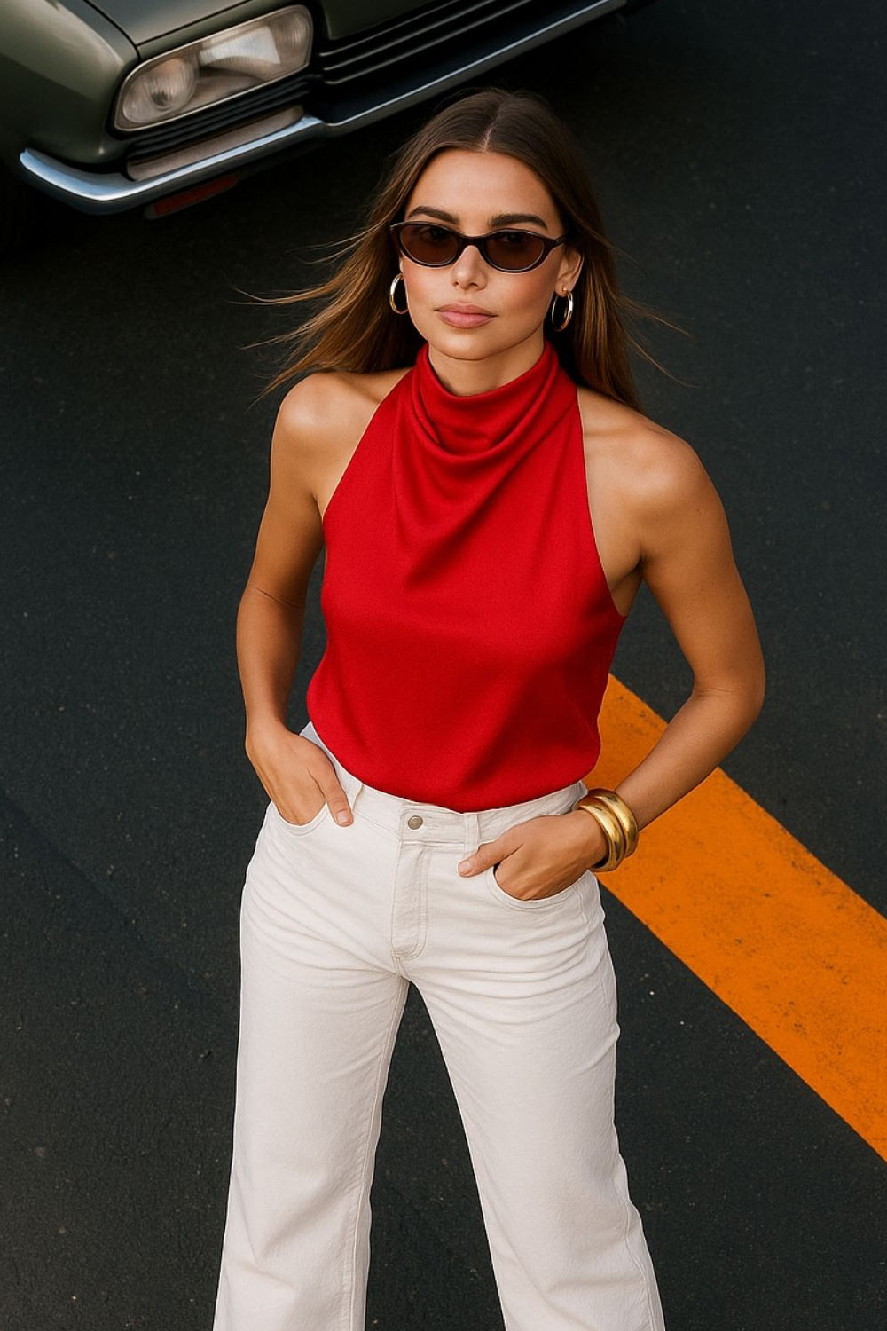 Blusa halter de cuello alto fluido, sin mangas, fit recto, escote en espalda y bajo asimétrico frontal. Cierre posterior con botón y ojal.