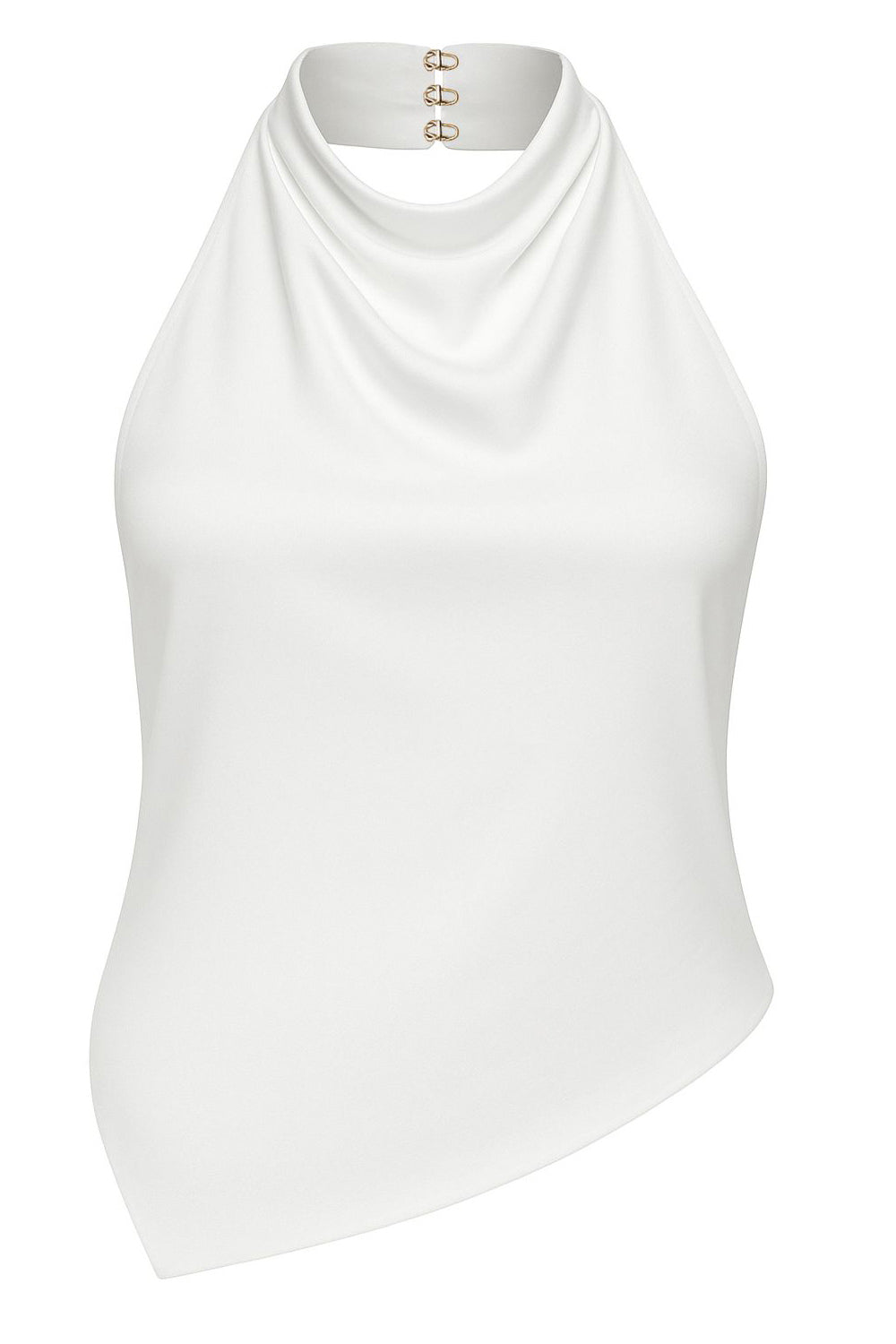 Blusa halter de cuello alto fluido, sin mangas, fit recto, escote en espalda y bajo asimétrico frontal. Cierre posterior con botón y ojal.