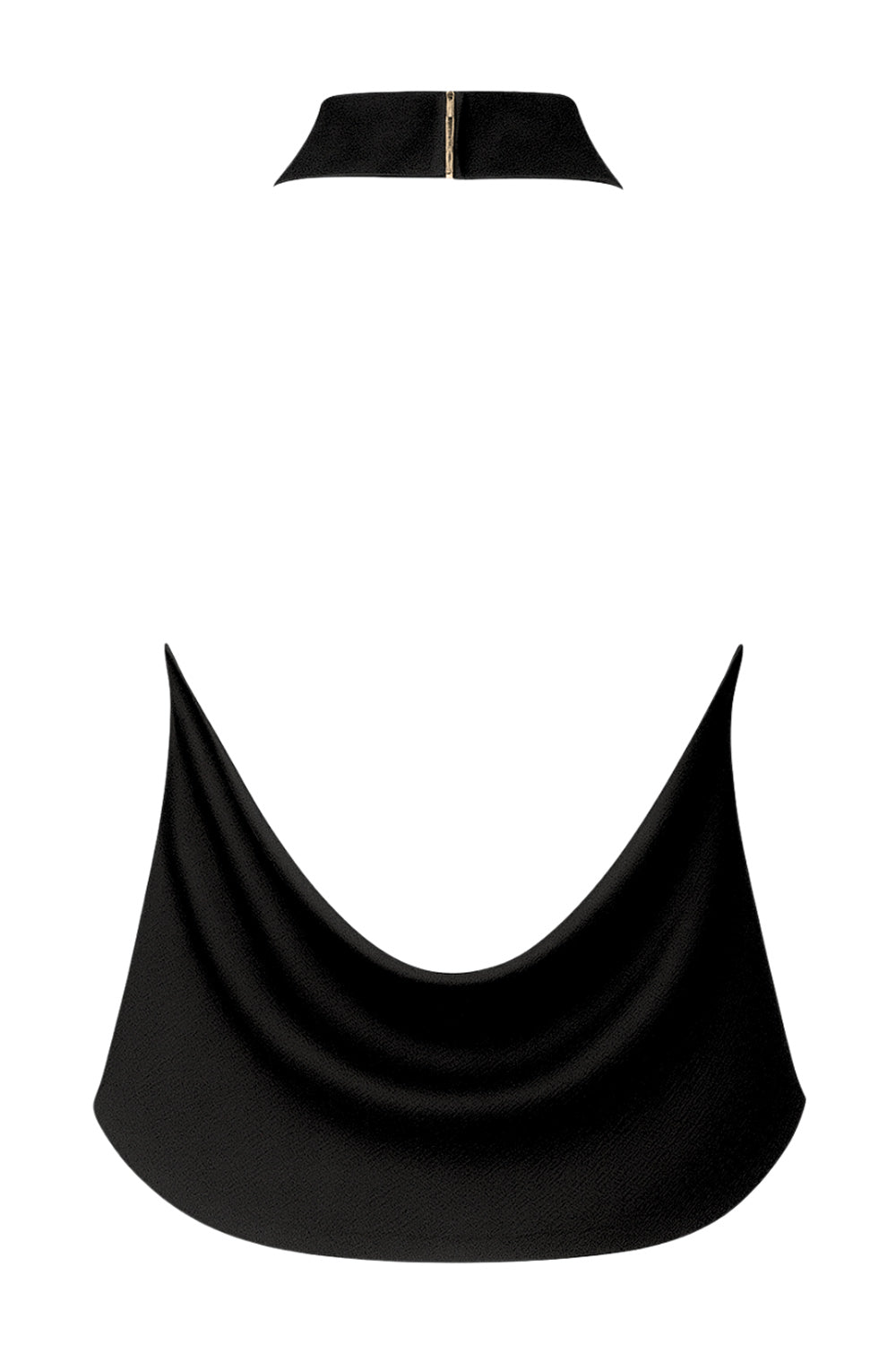 Blusa halter de cuello alto fluido, sin mangas, fit recto, escote en espalda y bajo asimétrico frontal. Cierre posterior con botón y ojal.