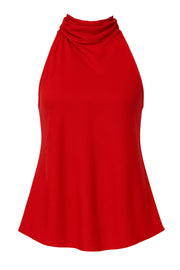 Blusa de fit fluido, sin mangas, cuello alto halter con plisados y nudo amarrable posterior.