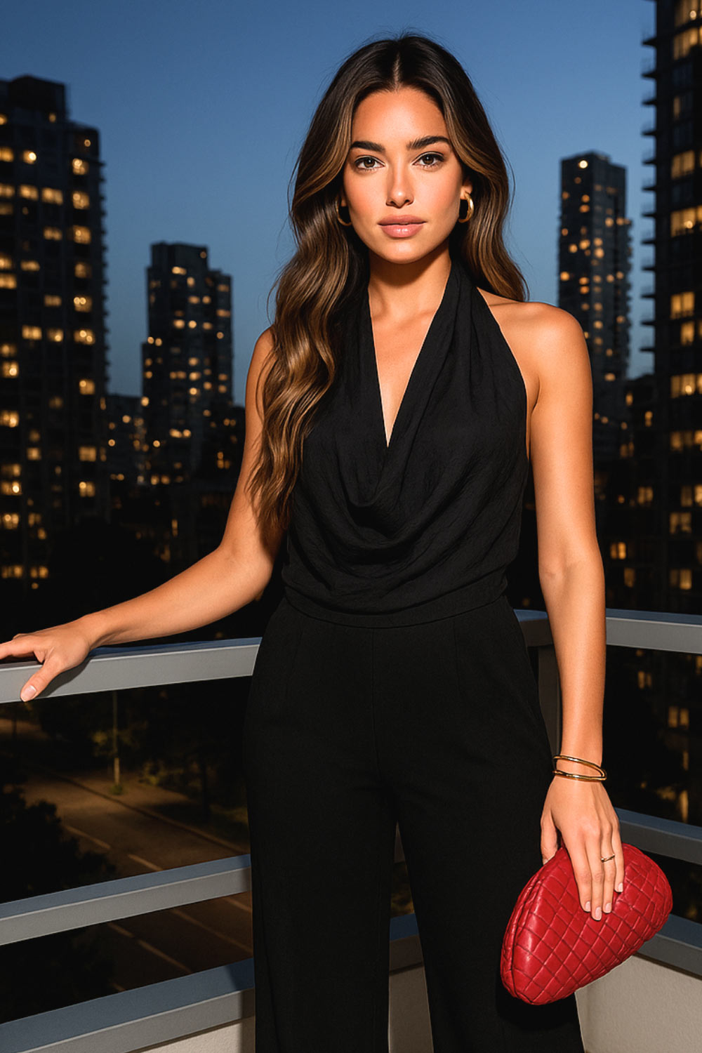 Blusa de cuello halter, escote fluido frontal, sin mangas y escote en espalda.