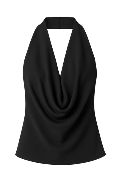 Blusa de cuello halter, escote fluido frontal, sin mangas y escote en espalda.