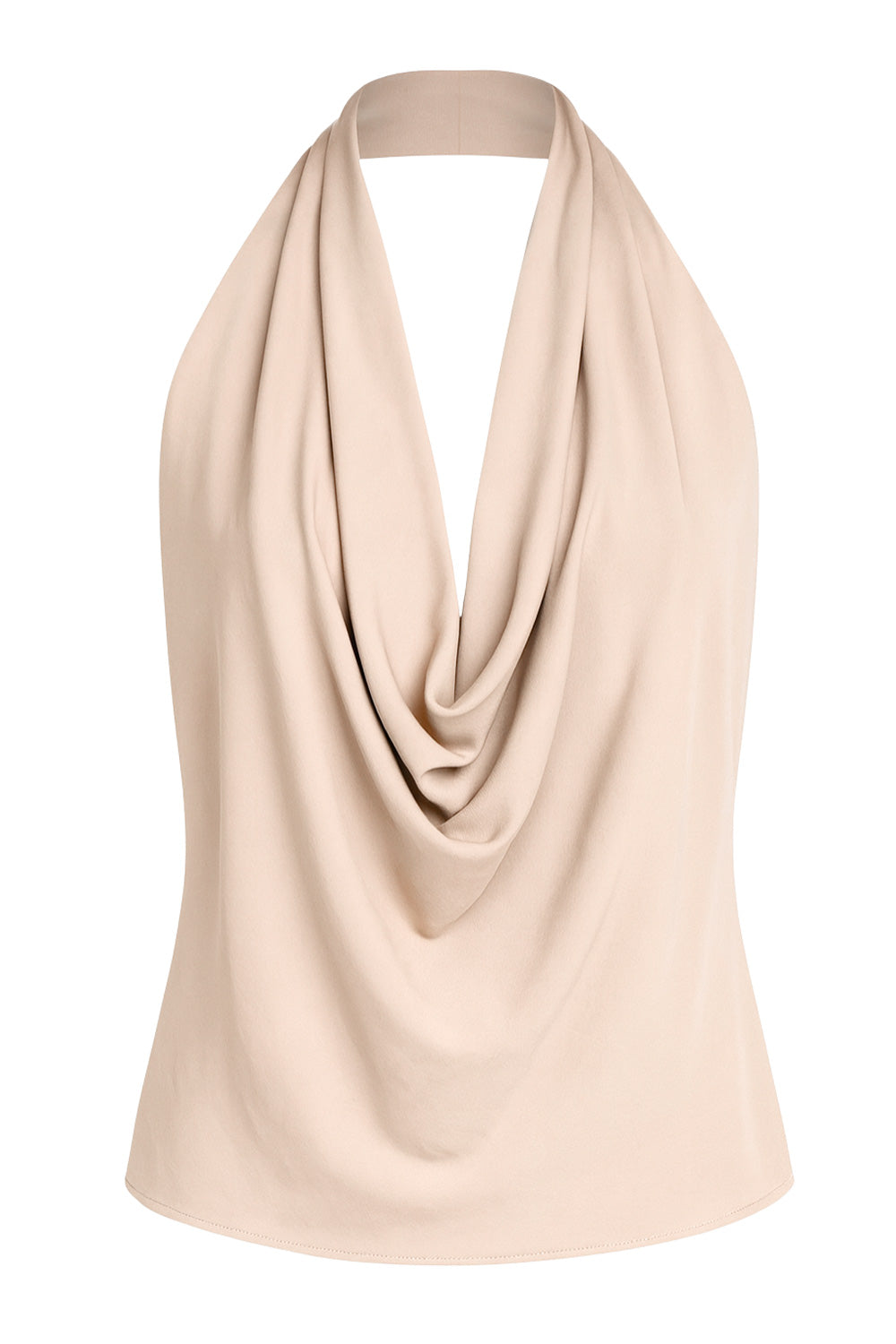 Blusa de cuello halter, escote fluido frontal, sin mangas y escote en espalda.