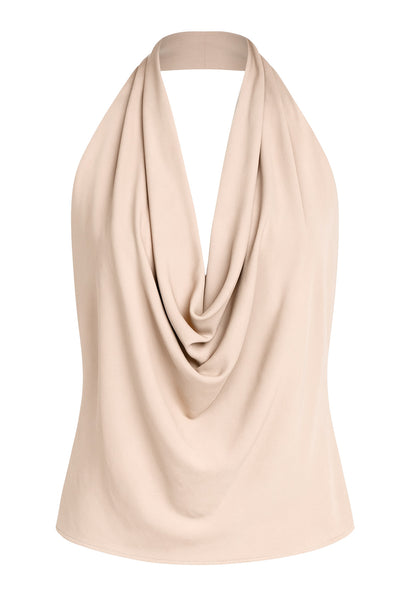 Blusa de cuello halter, escote fluido frontal, sin mangas y escote en espalda.