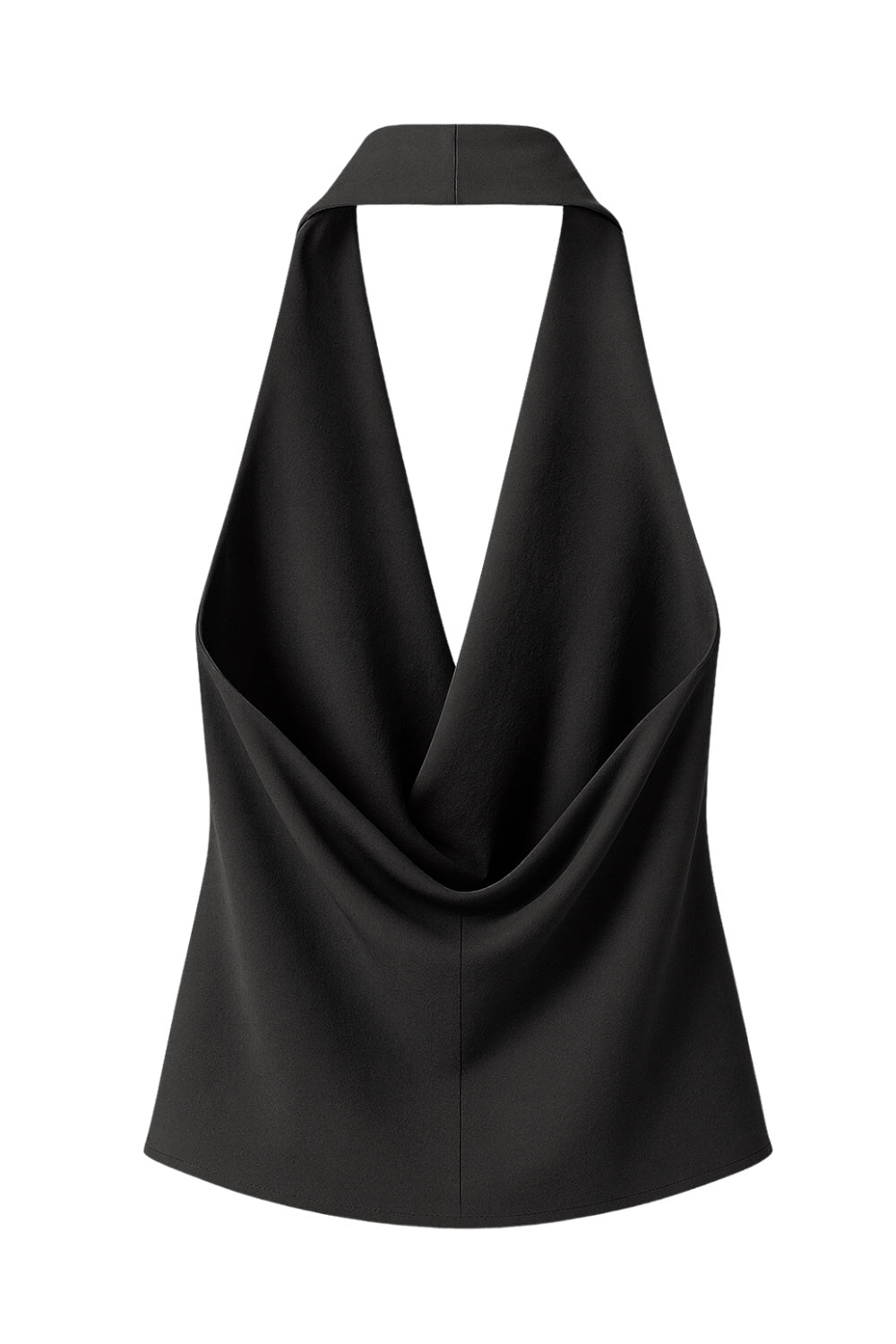 Blusa de cuello halter, escote fluido frontal, sin mangas y escote en espalda.