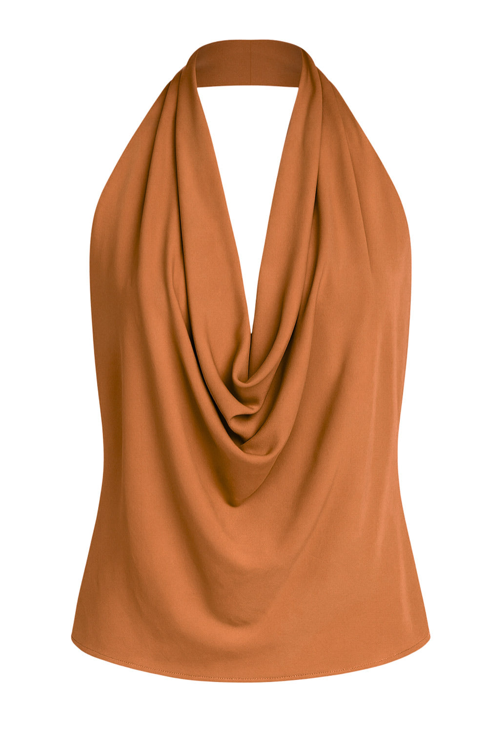 Blusa de cuello halter, escote fluido frontal, sin mangas y escote en espalda.