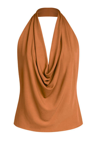 Blusa de cuello halter, escote fluido frontal, sin mangas y escote en espalda.