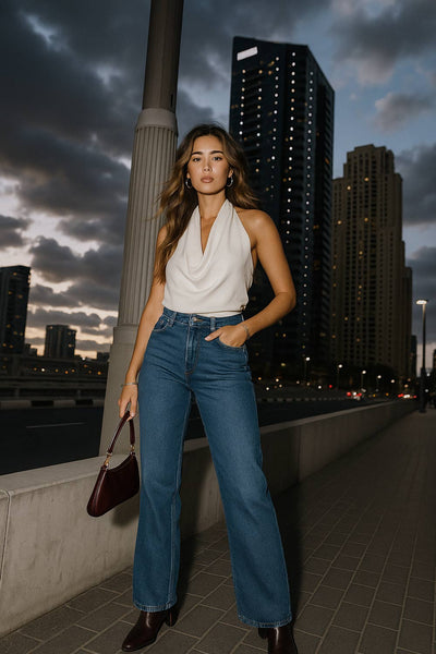 Blusa corta de cuello halter, escote fluido frontal y en espalda.