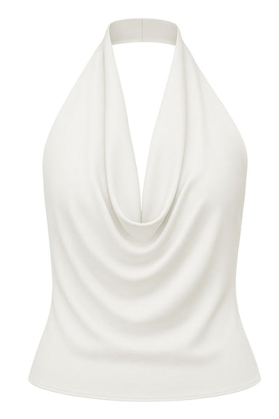 Blusa corta de cuello halter, escote fluido frontal y en espalda.