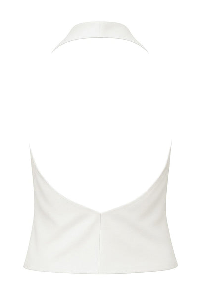 Blusa corta de cuello halter, escote fluido frontal y en espalda.