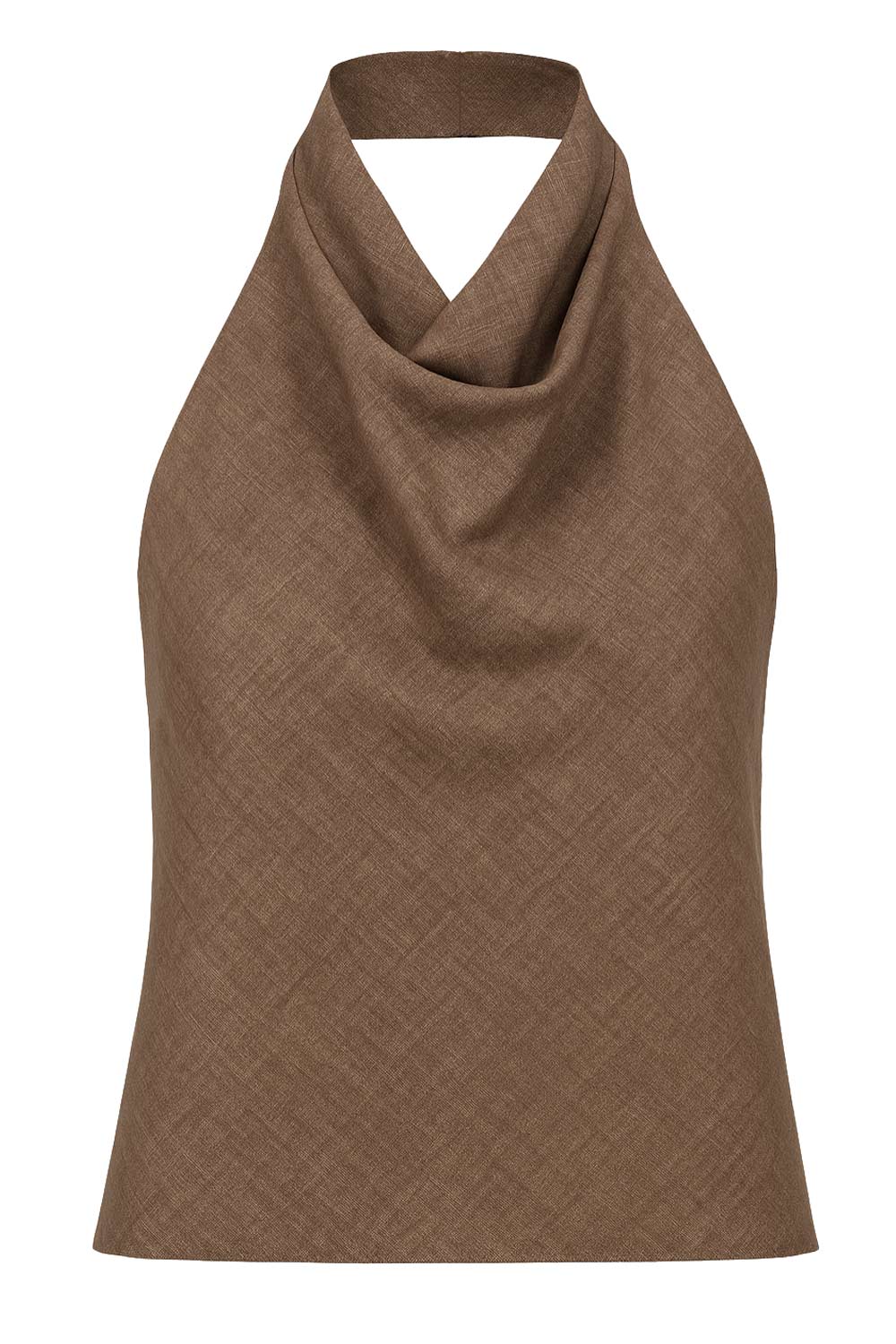 Blusa corta fluida, de cuello alto halter con plisados, sin mangas, escote en espalda, cierre posterior con botón y ojal.