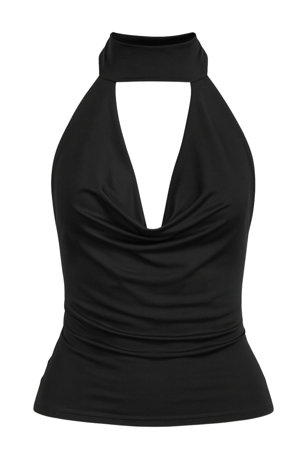 Blusa corta de cuello alto halter con lazo amarrable posterior, escote fluido con cut out frontal y en espalda.