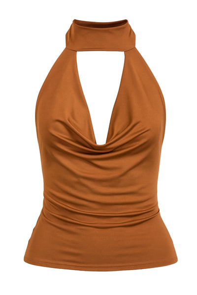 Blusa corta de cuello alto halter con lazo amarrable posterior, escote fluido con cut out frontal y en espalda.