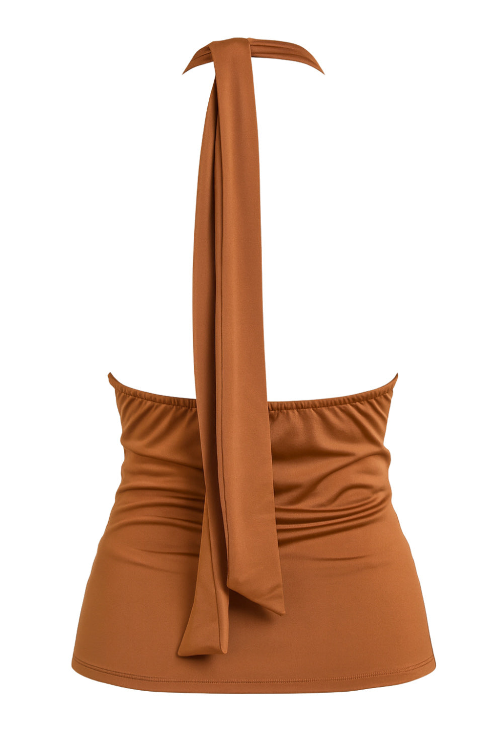 Blusa corta de cuello alto halter con lazo amarrable posterior, escote fluido con cut out frontal y en espalda.