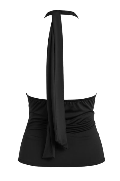 Blusa corta de cuello alto halter con lazo amarrable posterior, escote fluido con cut out frontal y en espalda.