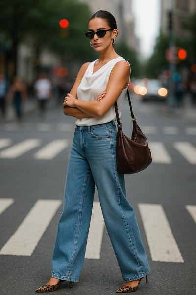 Blusa sin mangas de fit recto, cuello fluido y cierre posterior con botón y ojal.