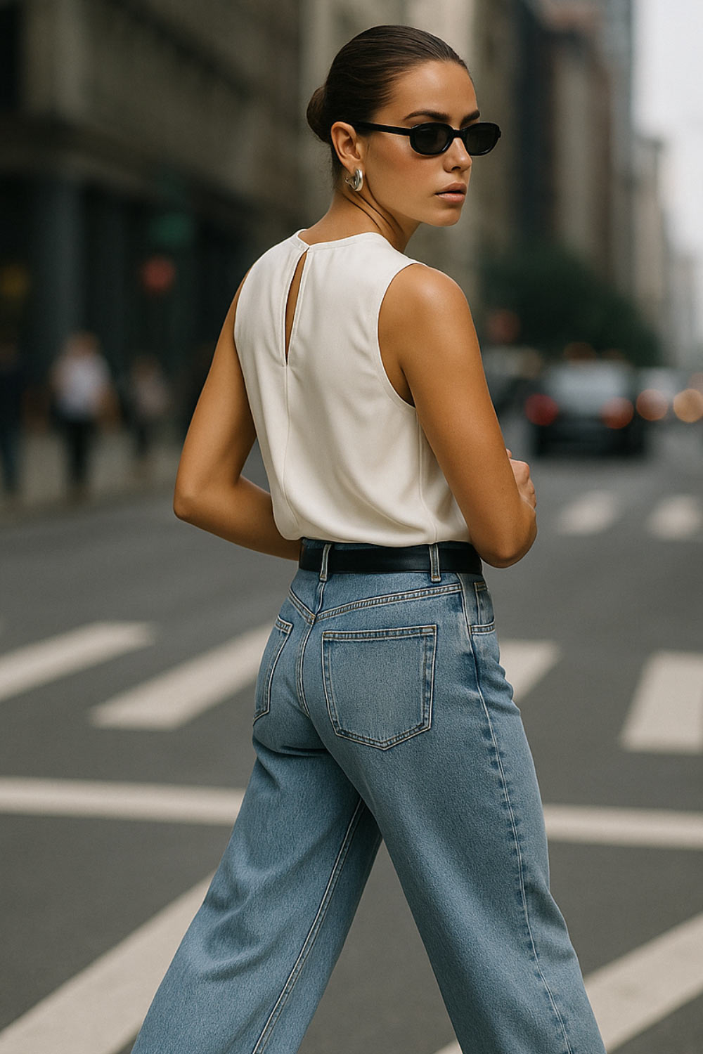 Blusa sin mangas de fit recto, cuello fluido y cierre posterior con botón y ojal.