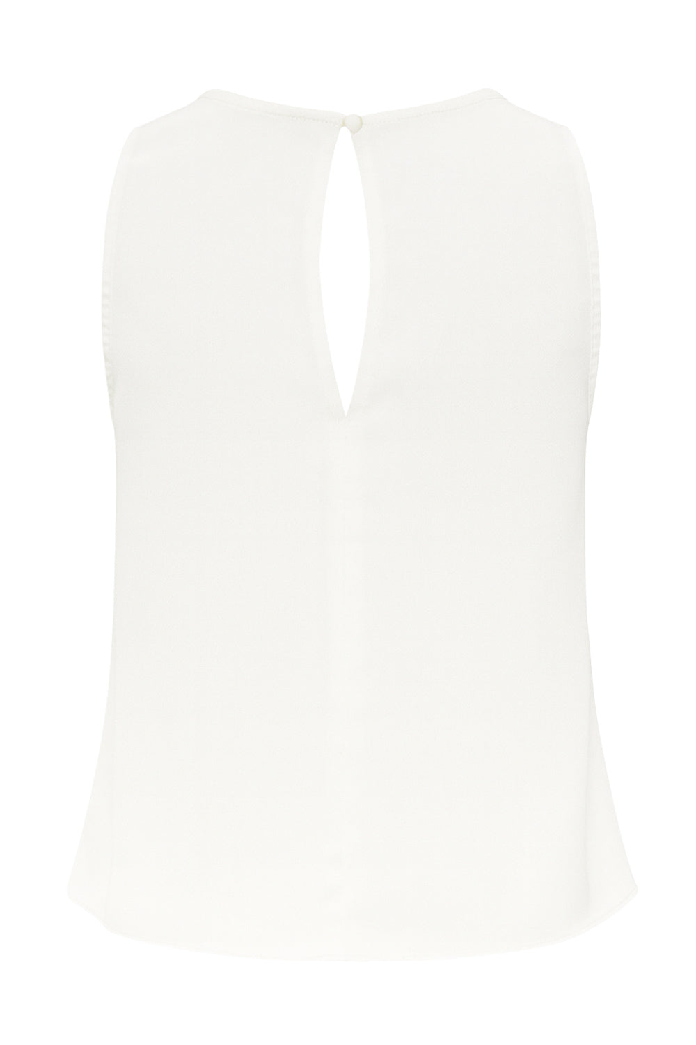 Blusa sin mangas de fit recto, cuello fluido y cierre posterior con botón y ojal.