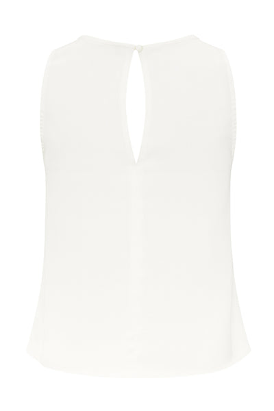 Blusa sin mangas de fit recto, cuello fluido y cierre posterior con botón y ojal.