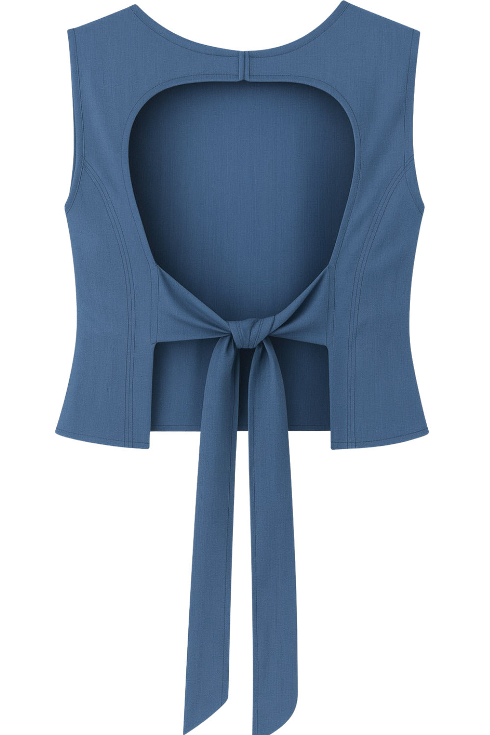 Blusa corta de fit ajustado, sin mangas, cuello redondo, pinzas frontales y cut out en espalda con lazo amarrable posterior. Cierre posterior con broche.