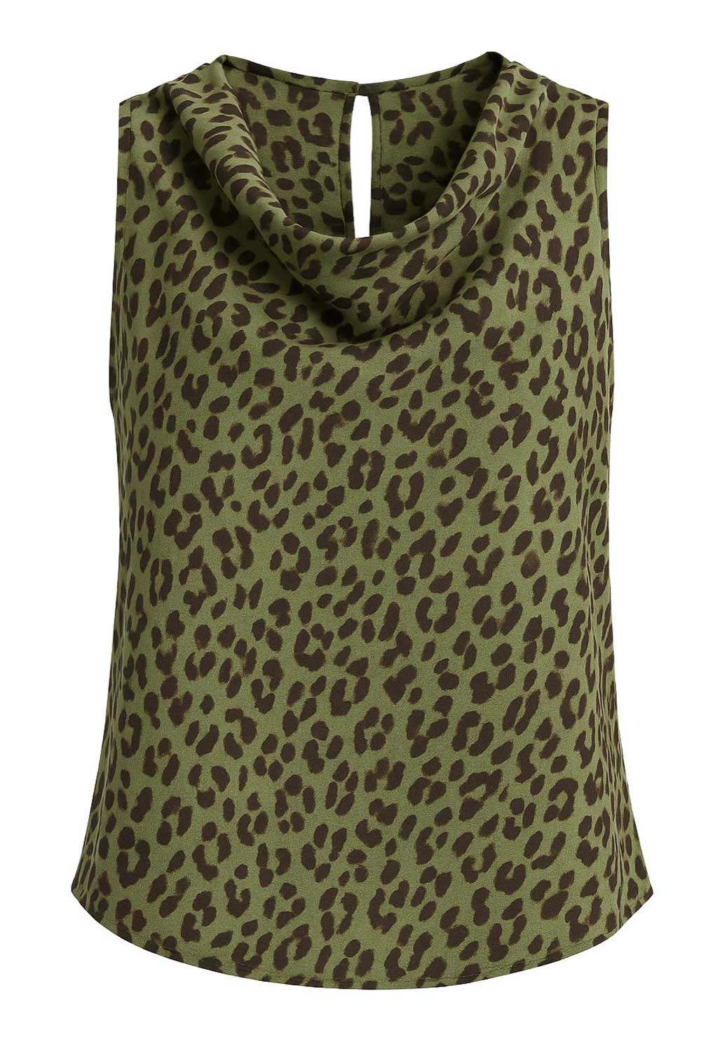 Blusa de fit recto, estampado animal, sin mangas, escote fluido y detalles plisados en hombros. Cierre posterior con botón y ojal.