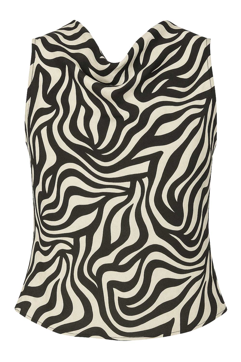 Blusa de fit recto, estampado animal, sin mangas, escote fluido y detalles plisados en hombros. Cierre posterior con botón y ojal.