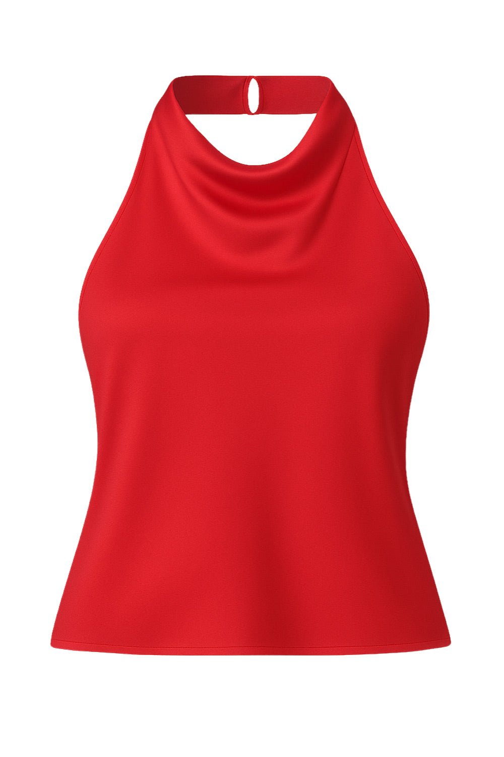 Blusa corta halter de fit fluido, sin mangas, cuello halter fluido con plisados y escote en espalda. Cierre posterior con botón y ojal.