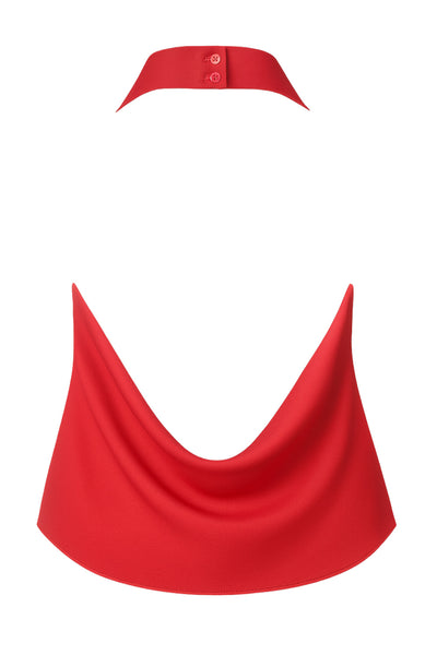 Blusa corta halter de fit fluido, sin mangas, cuello halter fluido con plisados y escote en espalda. Cierre posterior con botón y ojal.