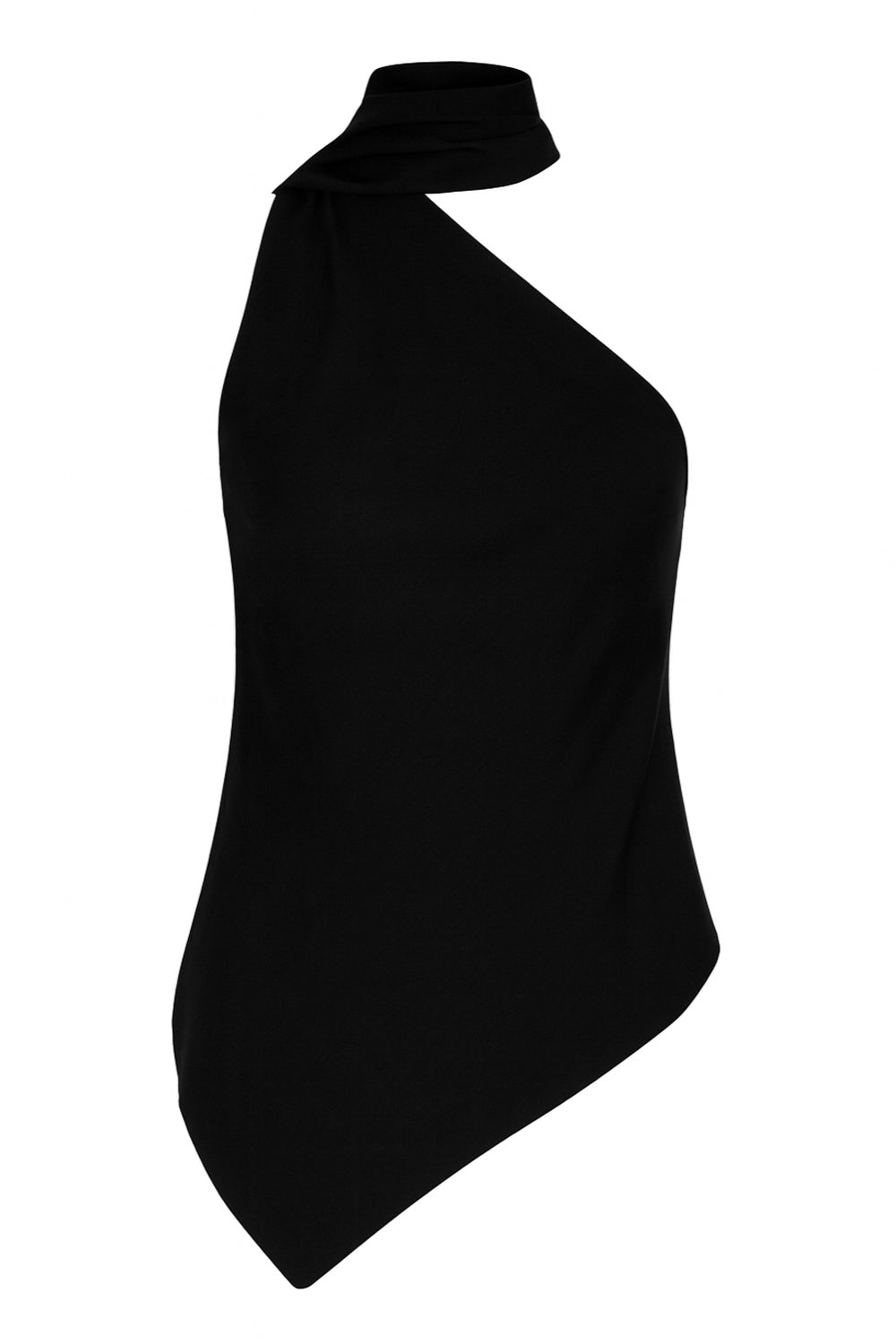 Blusa satinada asimétrica de fit recto, sin mangas, escote diagonal con detalle de choker cruzado.