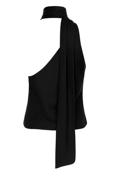 Blusa satinada asimétrica de fit recto, sin mangas, escote diagonal con detalle de choker cruzado.