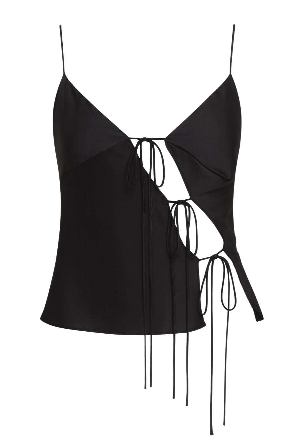 Blusa satinada de tirantes delgados ajustables, fit fluido, escote v con abertura frontal en diagonal, cut outs y lazos amarrables.
