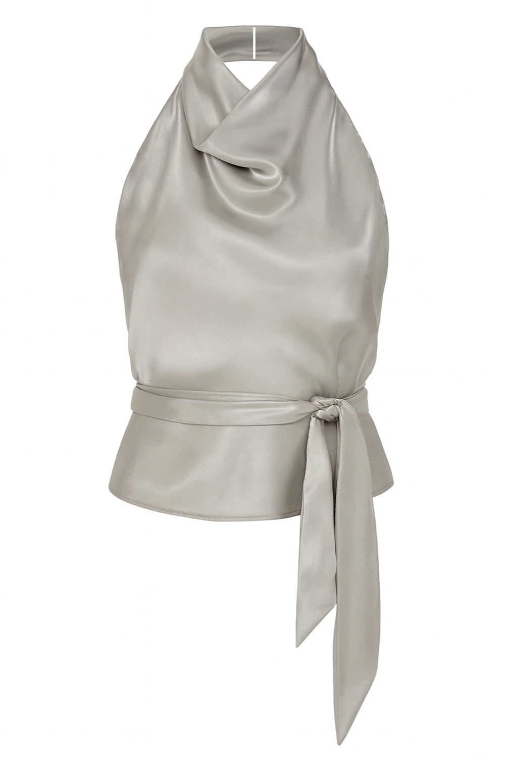 Blusa satinada de fit recto, halter con cuello fluido, sin mangas, lazo amarrable en cintura, cierre posterior con botón y ojal.