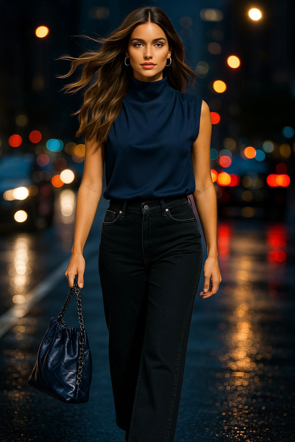 Blusa de fit oversized, sin mangas y cuello alto con detalles plisados en hombros.