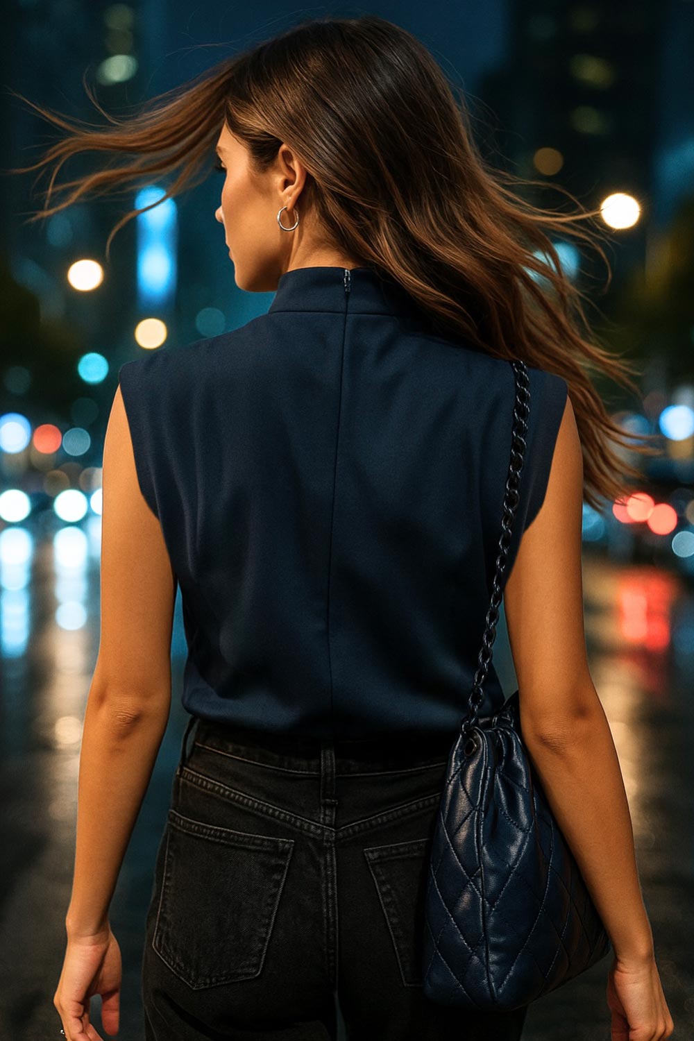 Blusa de fit oversized, sin mangas y cuello alto con detalles plisados en hombros.