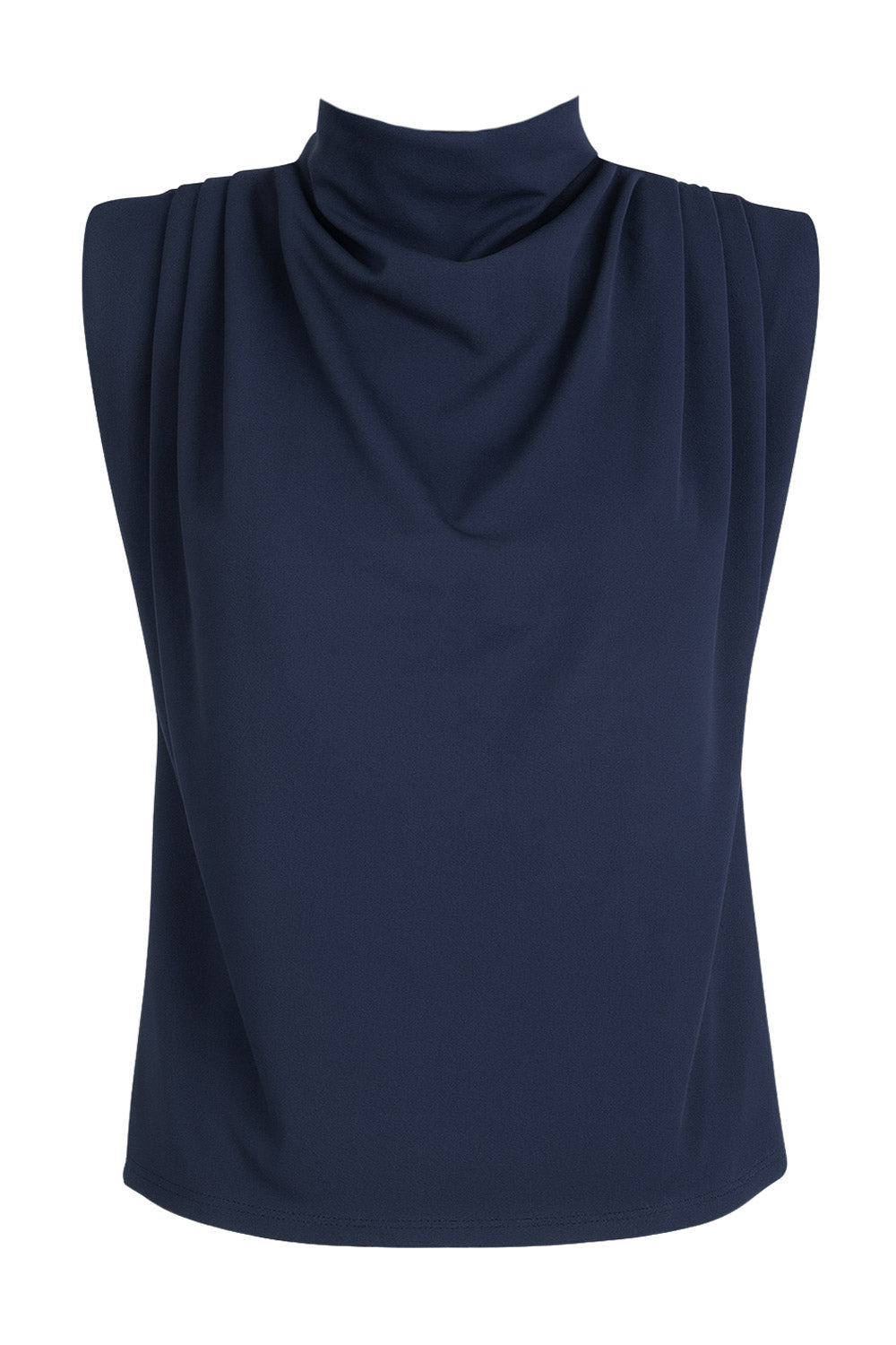 Blusa de fit oversized, sin mangas y cuello alto con detalles plisados en hombros.