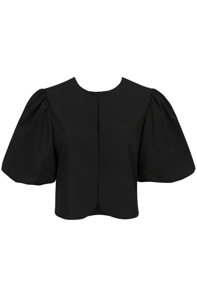 Blusa corta de fit recto, cuello redondo, manga corta amplia globo con volumen en borde, cierre frontal con broches ocultos y bajo curveado frontal.