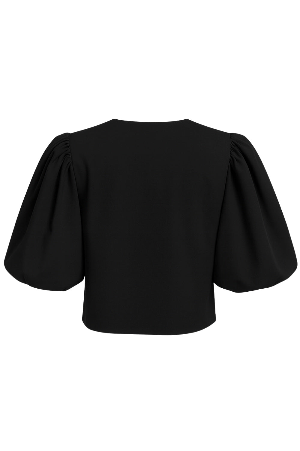 Blusa corta de fit recto, cuello redondo, manga corta amplia globo con volumen en borde, cierre frontal con broches ocultos y bajo curveado frontal.