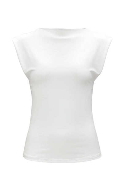 Blusa sin mangas, de fit ajustado, cuello mock seguido y escote fluido en espalda.