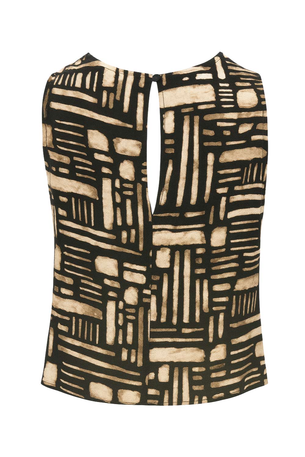 Blusa estampada de fit recto, sin mangas, escote fluido, cierre posterior con botón y ojal.