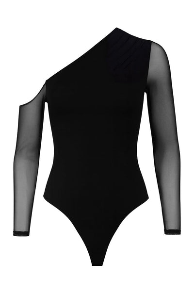 Body de mesh, fit ajustado, manga larga, escote asimétrico diagonal con hombro descubierto, plisado frontal y posterior.