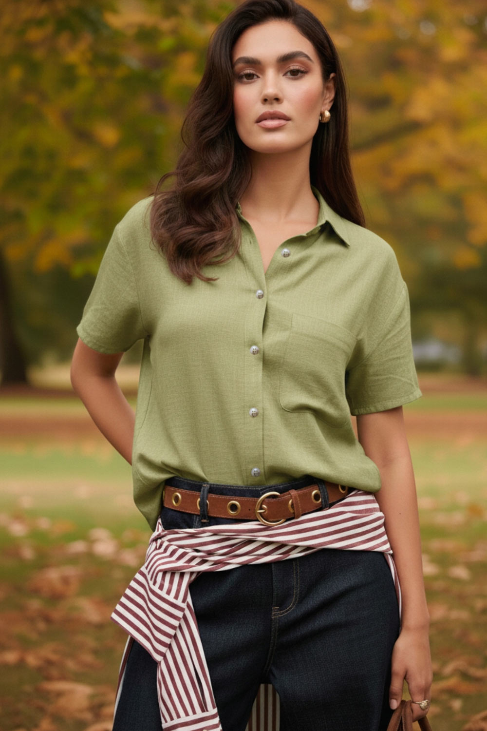 Camisa corta de lino, fit recto, manga corta, cuello camisero, bolsillo frontal de parche, bajo curveado con aberturas laterales y cierre frontal con hilera de botones.