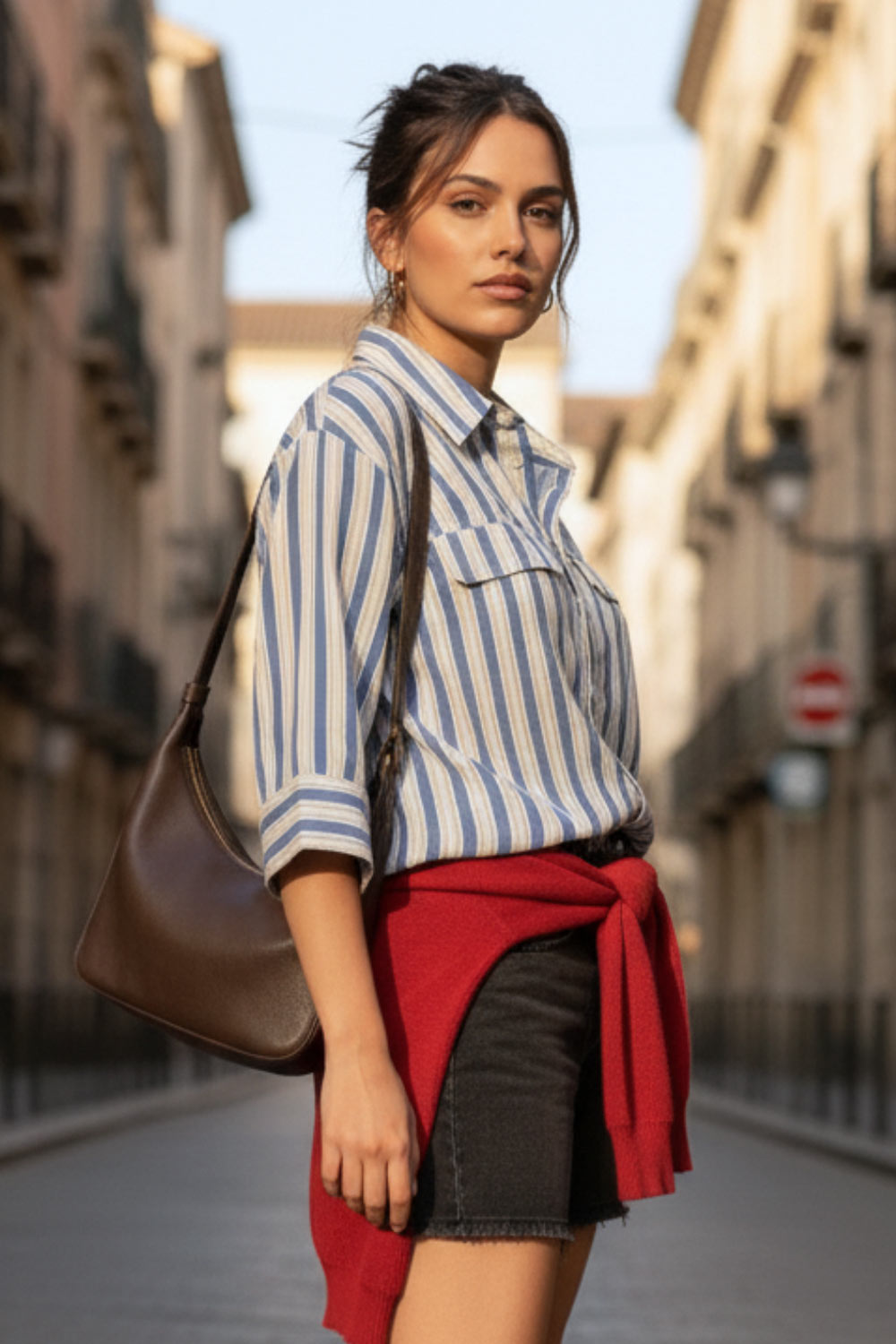 Camisa corta de estampado rayas, fit oversized, manga 3/4 amplia con doblez en puños, cuello camisero, bolsillos frontales decorativos con cartera y pinza de amplitud en espalda. Cierre frontal con hilera de botones.