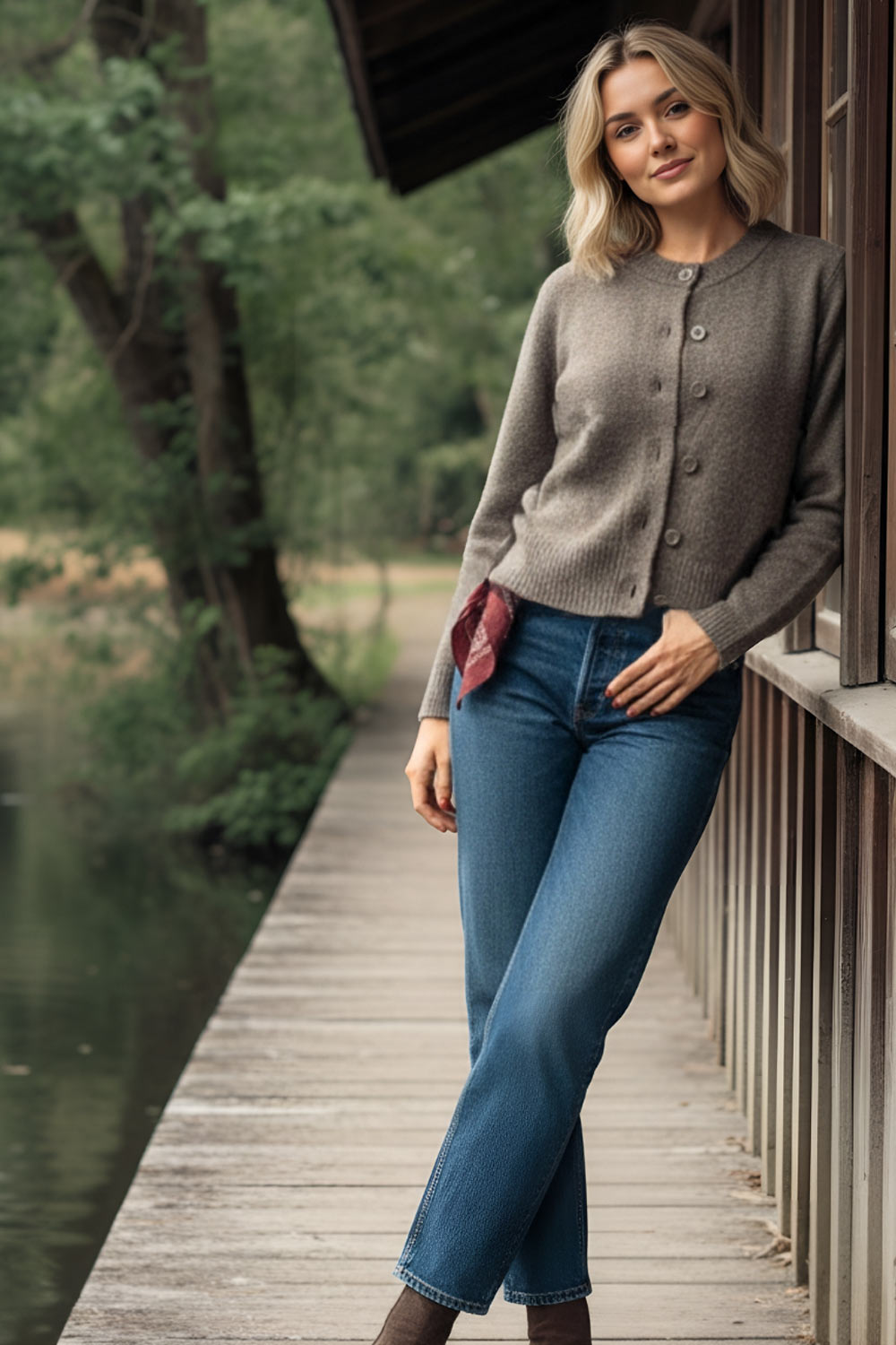 Cardigan de punto, fit recto, manga larga con rib de contraste en puños y cuello redondo. Cierre frontal con hilera de botones.